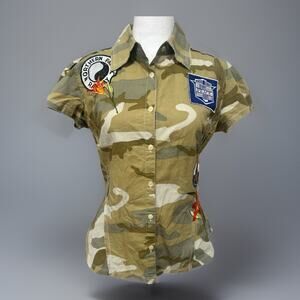 JOHNNY WAS 3J WORKSHOP Camp Shirt M Military Peace Floral Embroidered Patch Rare